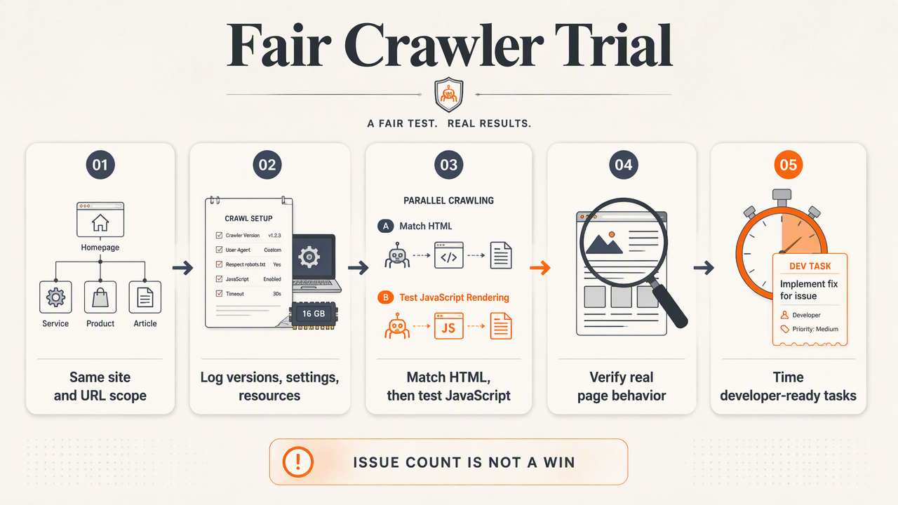 Five-step matched crawler trial comparing site scope, settings, JavaScript rendering, page behavior, and developer-ready work.