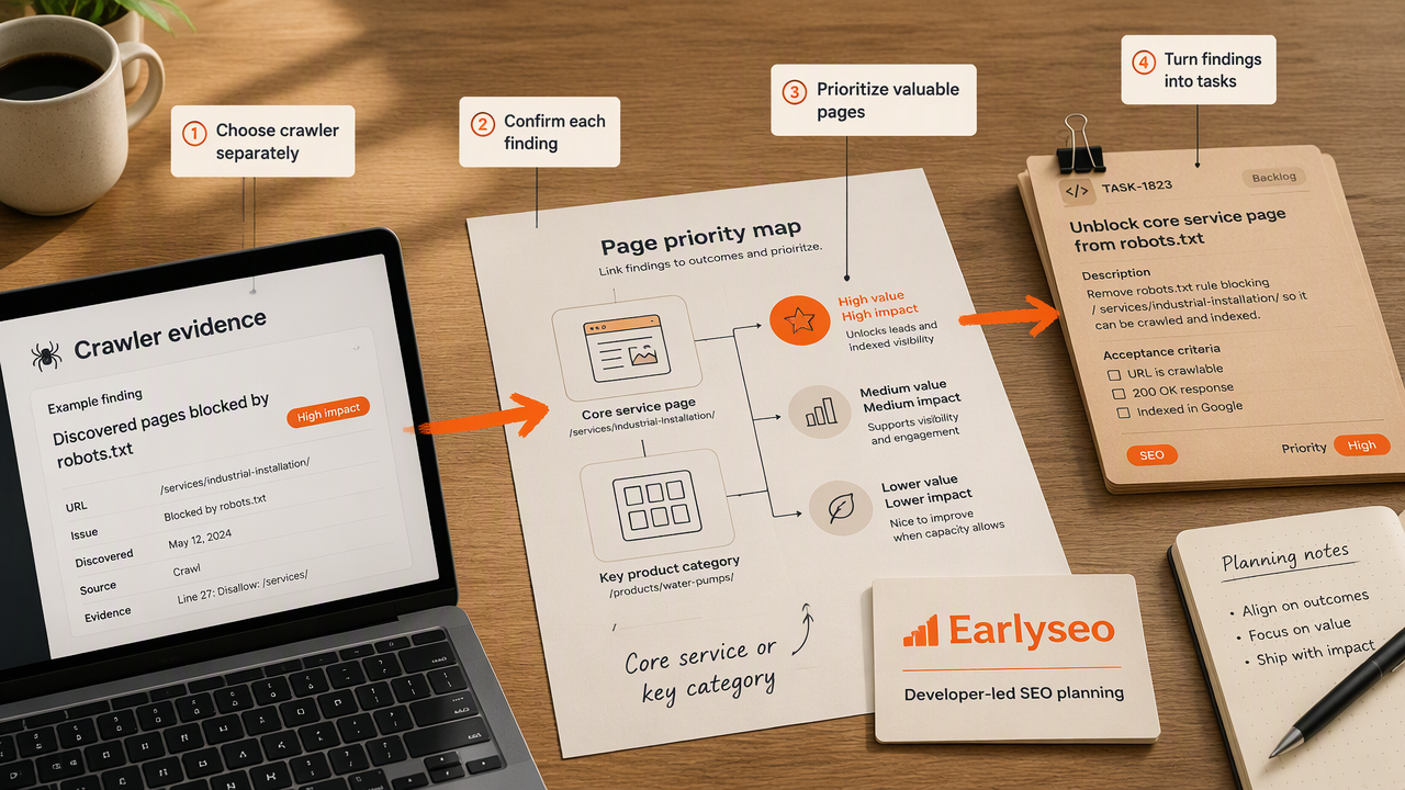 Annotated audit workflow connecting crawler evidence with priority pages, Earlyseo planning, and engineering tasks.