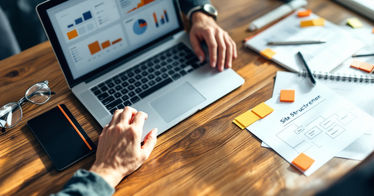 SEO specialist reviewing technical, content, and performance materials at a focused workspace