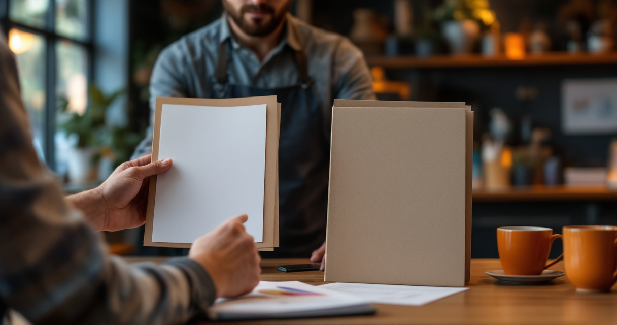 Small business owner evaluating SEO consultant options with proposal folders in a shop