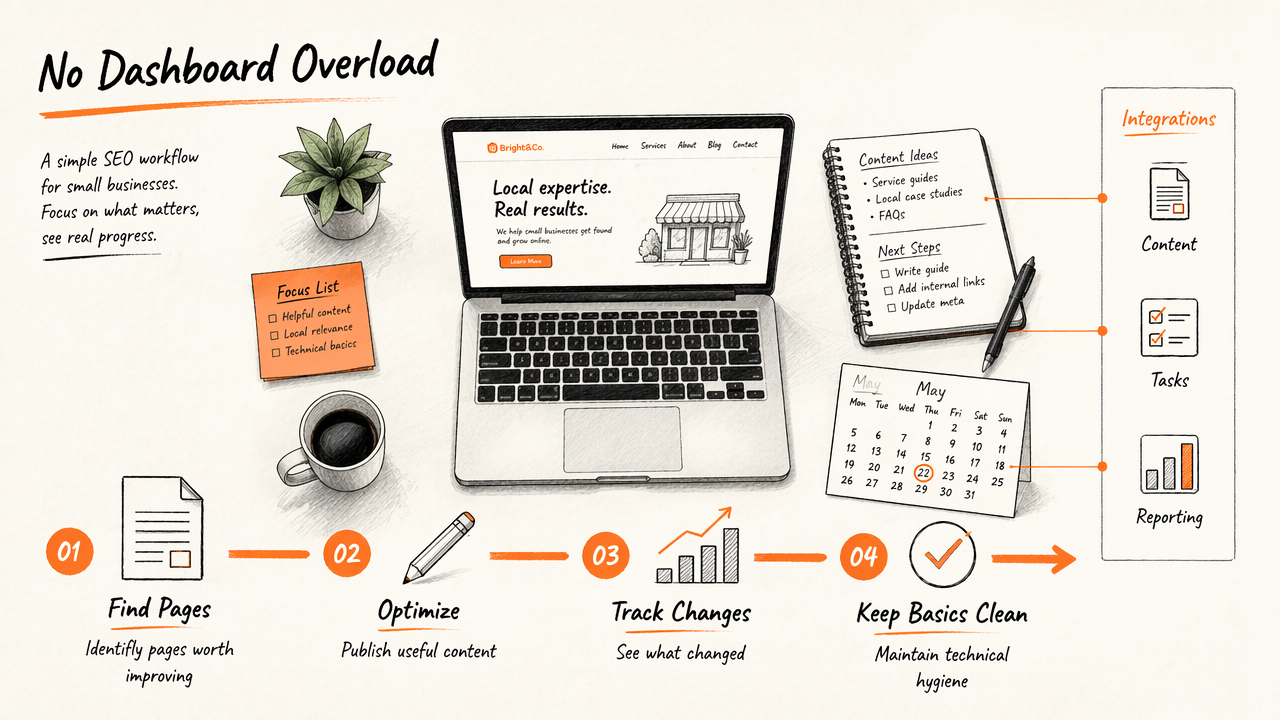 Annotated SEO workflow diagram showing how Earlyseo guides small businesses without dashboard overload.