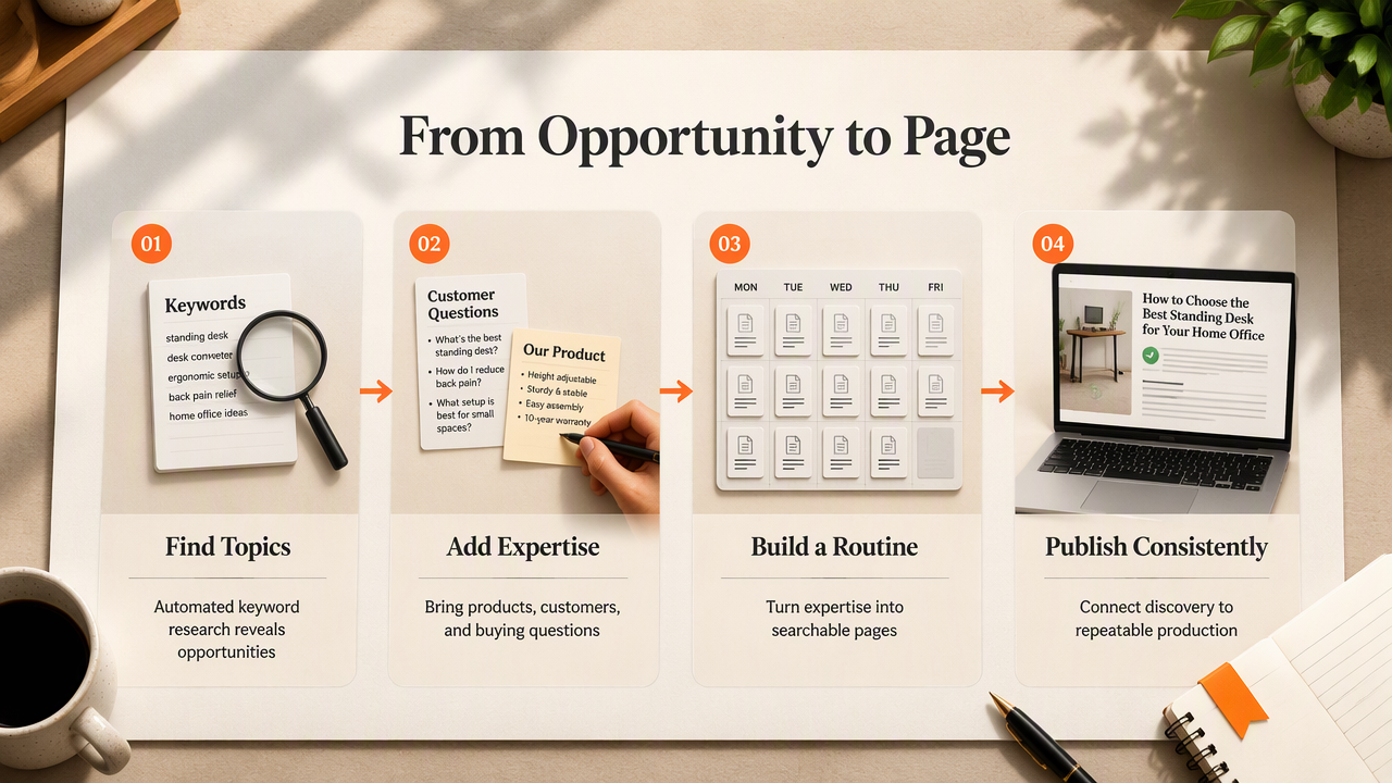 Infographic showing Earlyseo connecting keyword research, business expertise, a repeatable content routine, and publishing.