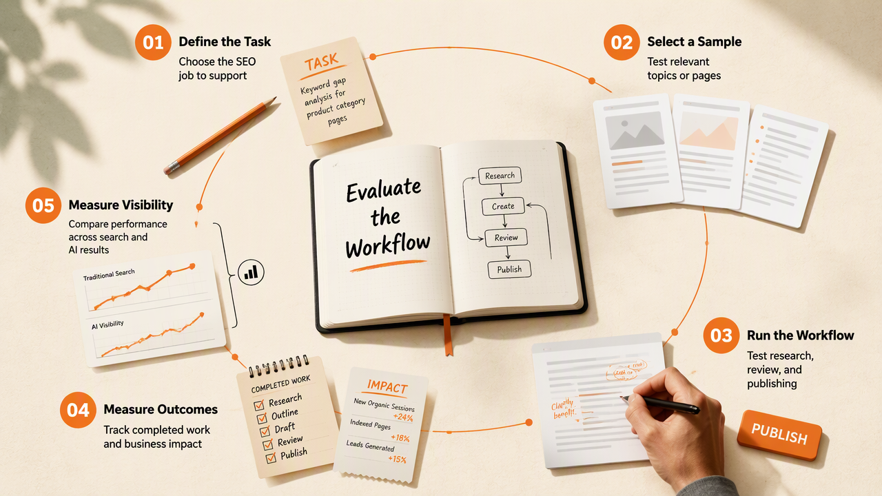 SEO tool evaluation map comparing workflow testing, business outcomes, traditional search, and AI visibility.