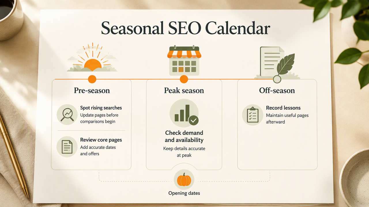 Three-phase seasonal SEO calendar showing pre-season updates, peak accuracy, and off-season page maintenance.