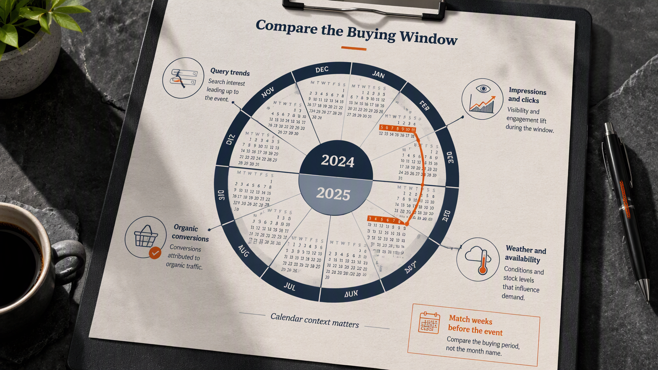 Seasonal SEO report comparing equivalent buying windows, search metrics, conversions, weather, and availability.