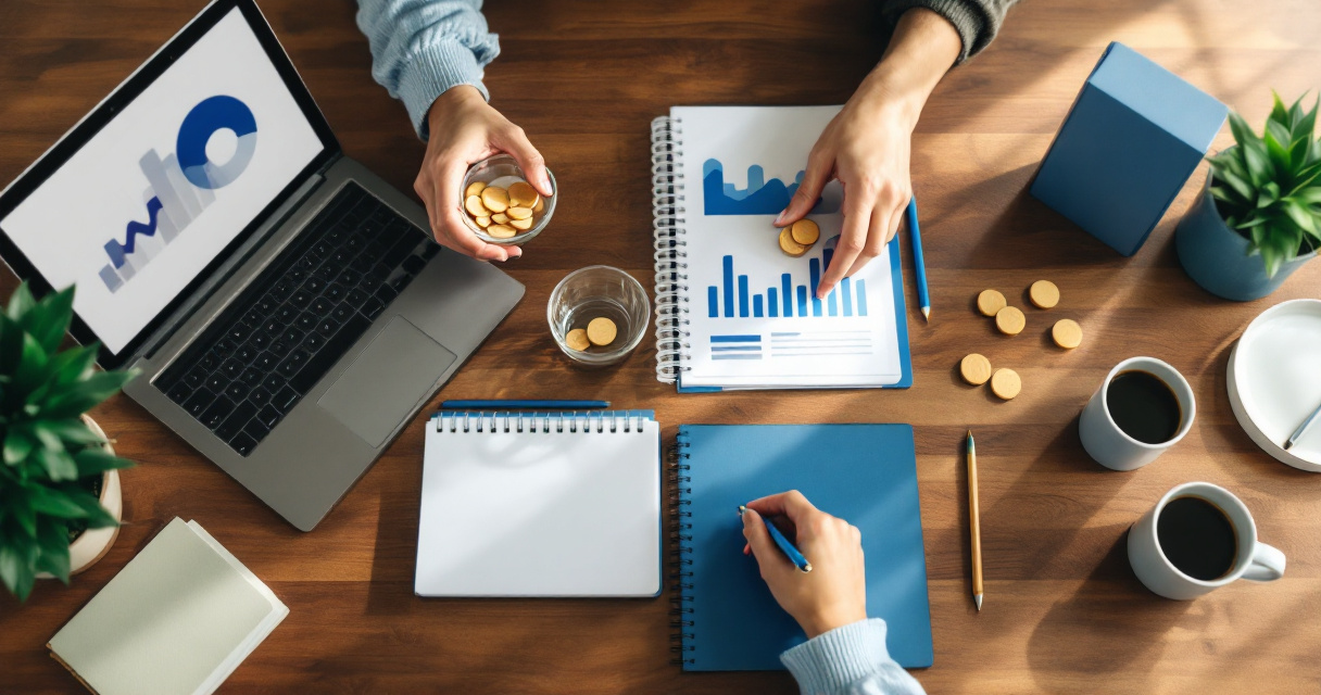 Startup founders planning an SEO budget with tokens, laptop, and orange notebook