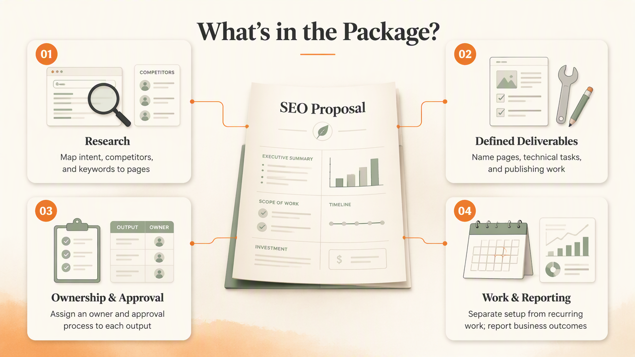 Infographic outlining startup SEO package research, deliverables, ownership, approvals, and outcome-based reporting.