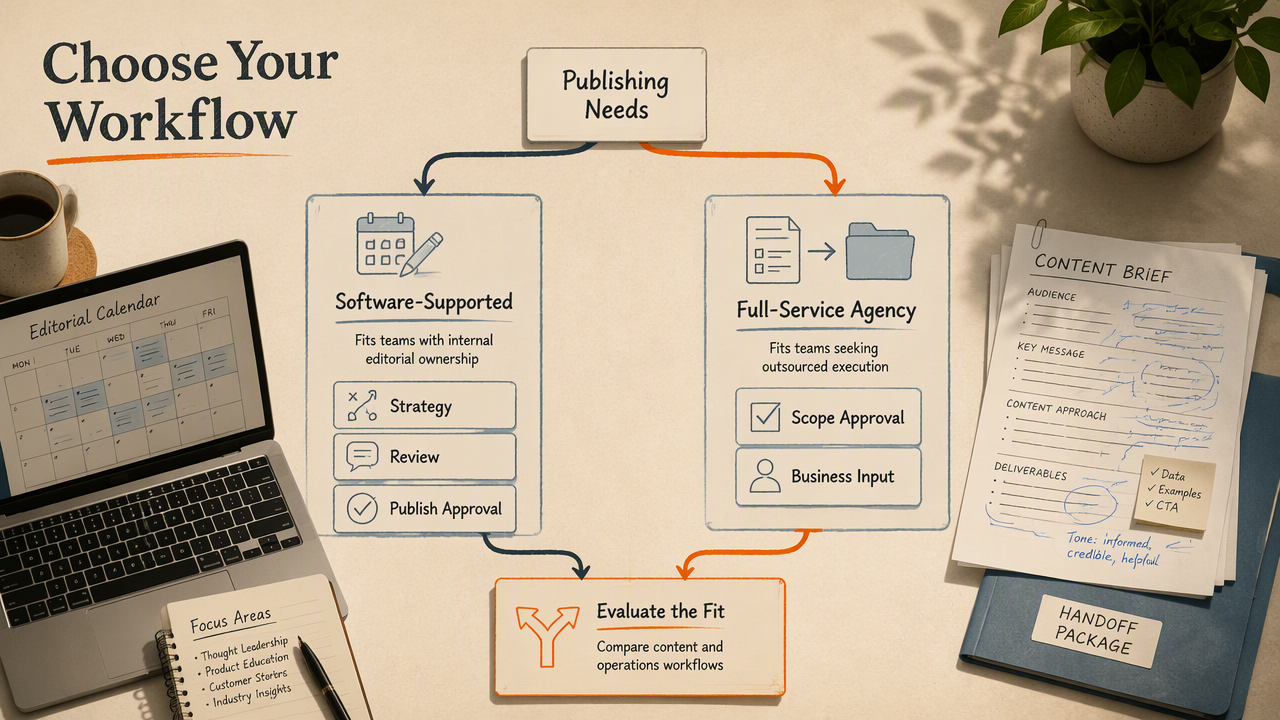 Workflow diagram comparing software-supported SEO content and full-service agency responsibilities for startups.