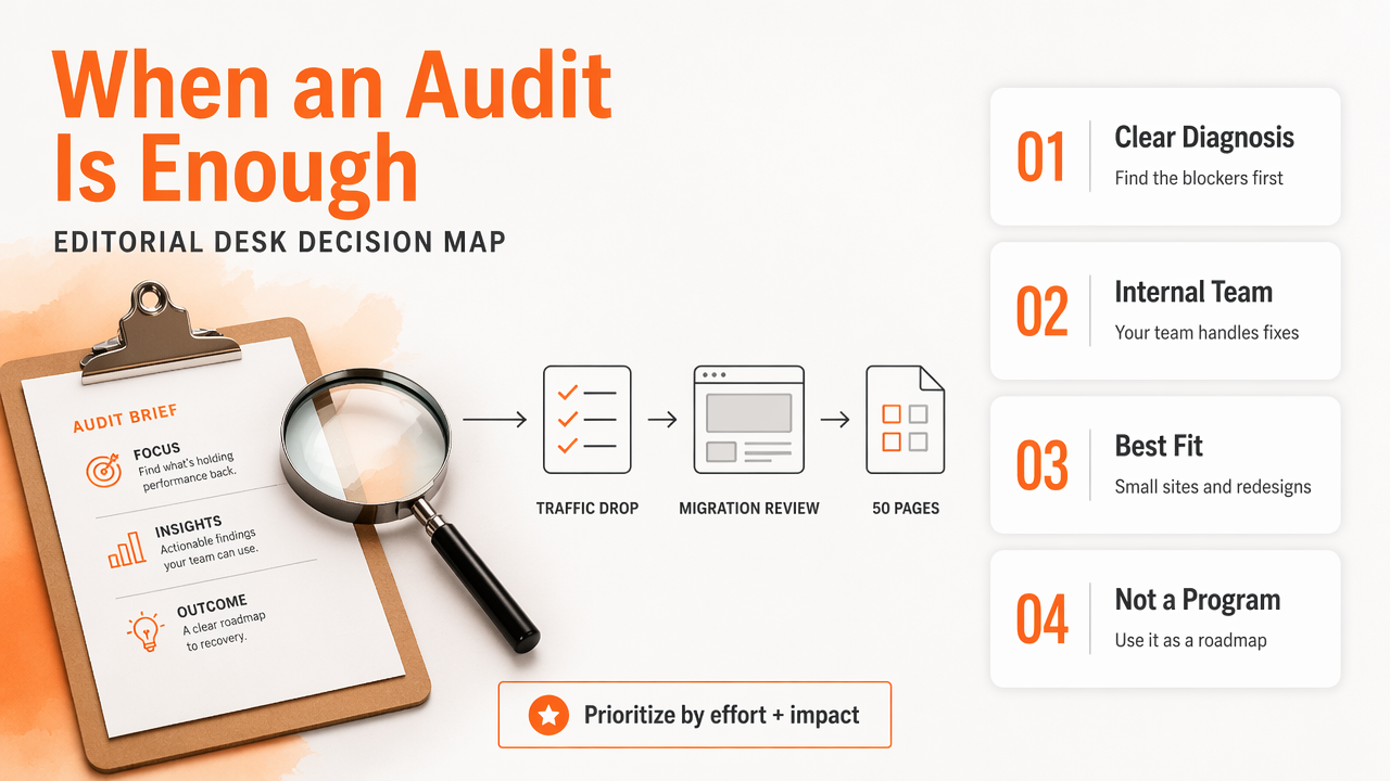 Infographic showing when a one-time SEO audit is enough and how teams use it as a roadmap.