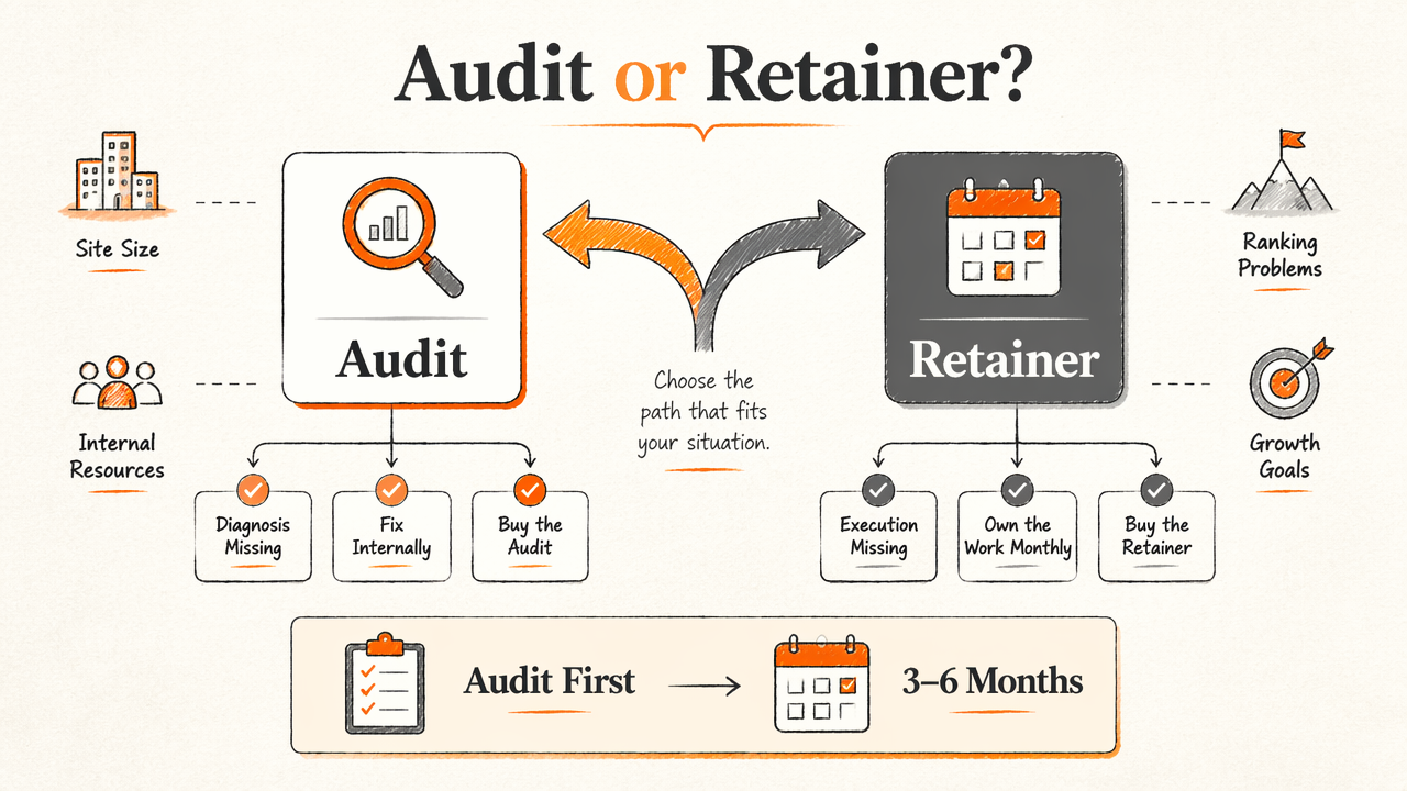Split decision diagram for choosing between an SEO audit and a monthly retainer.