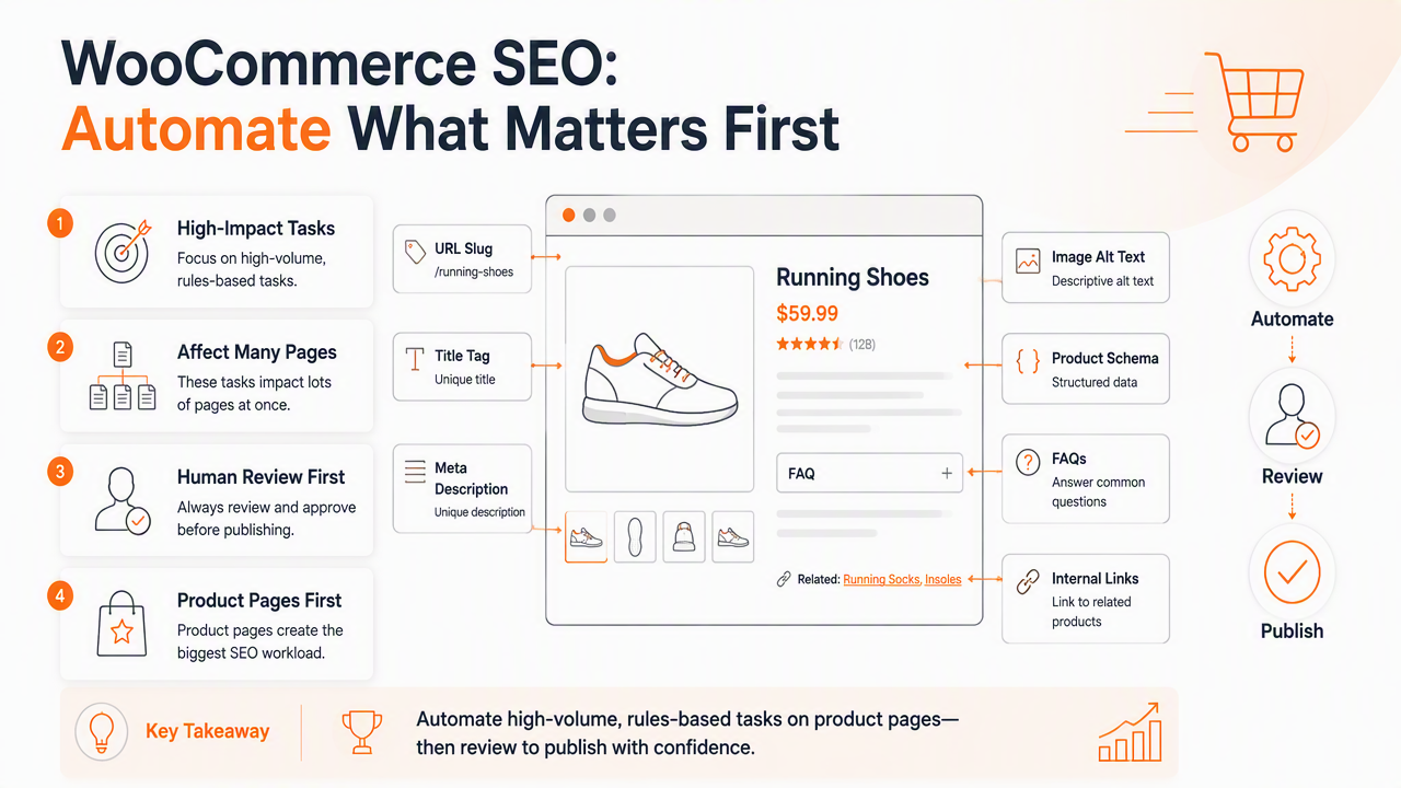 Illustration for Which WooCommerce SEO tasks should be automated first?