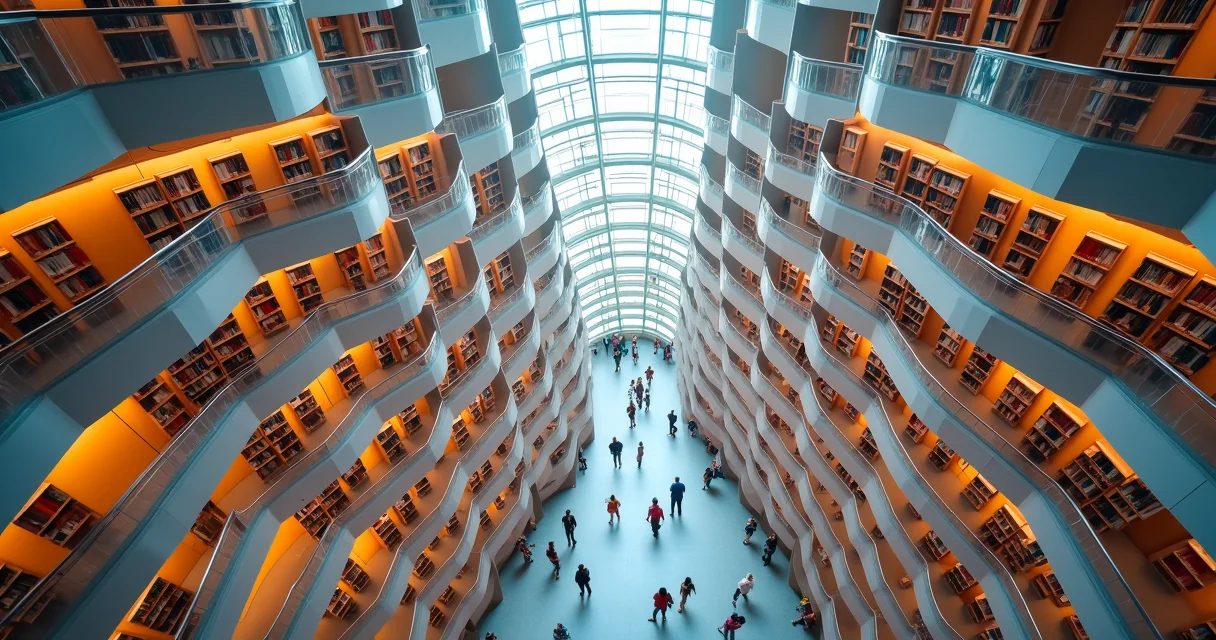 Expansive modern library with organized content sections representing strategic website content architecture and planning