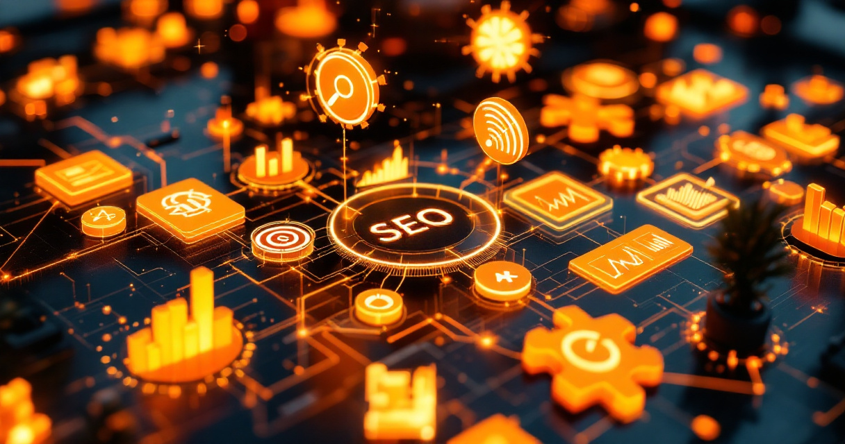 Cinematic visualization of structured SEO planning elements forming an organized content brief system