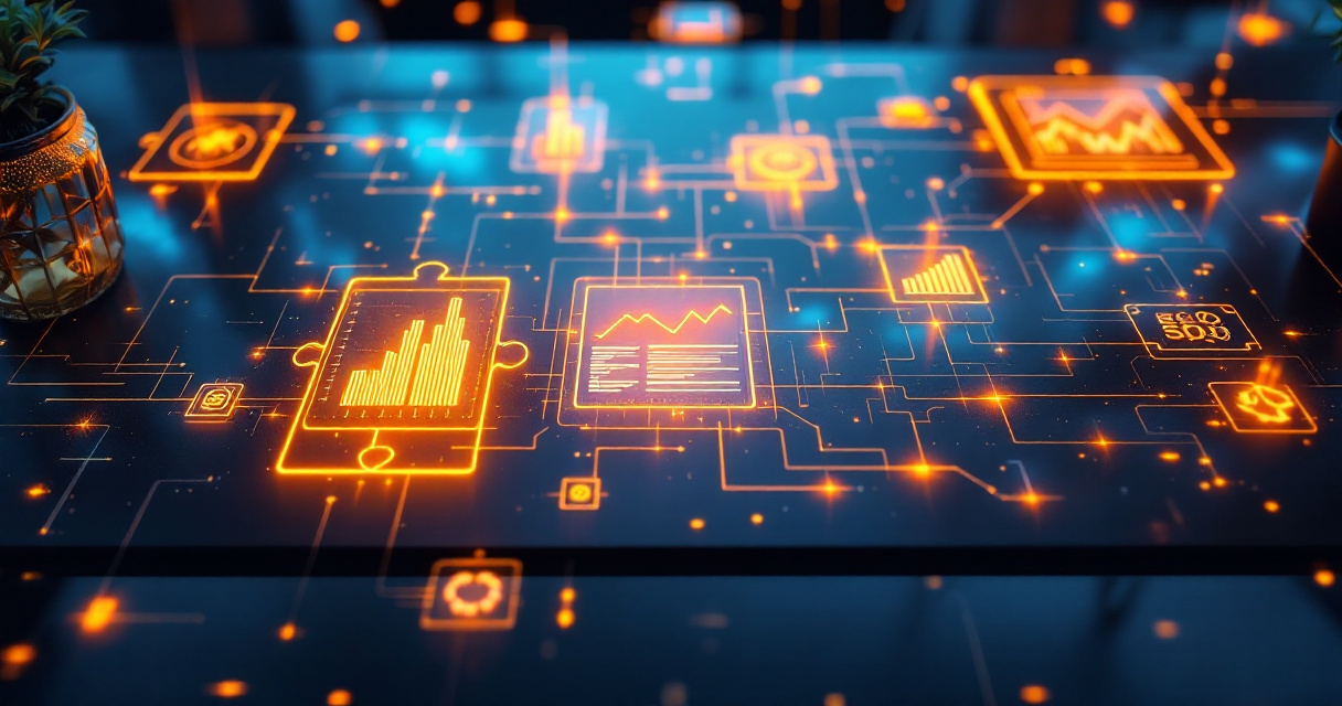 Conceptual SEO planning system with glowing connected modules and orange energy forming a structured strategy