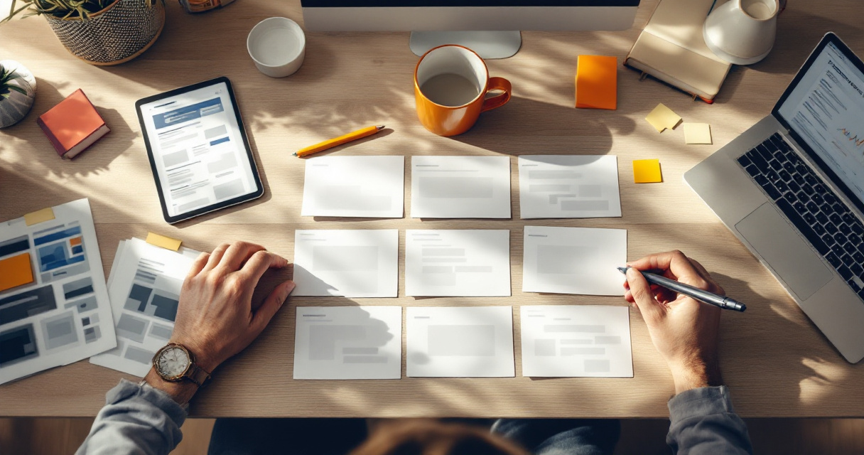 Hands organizing an SEO content brief layout with research materials on a desk