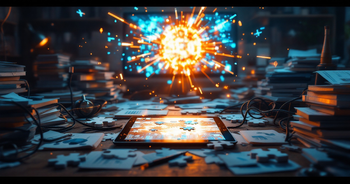 Chaotic SEO planning scene with tangled data tools and disorganized strategy environment