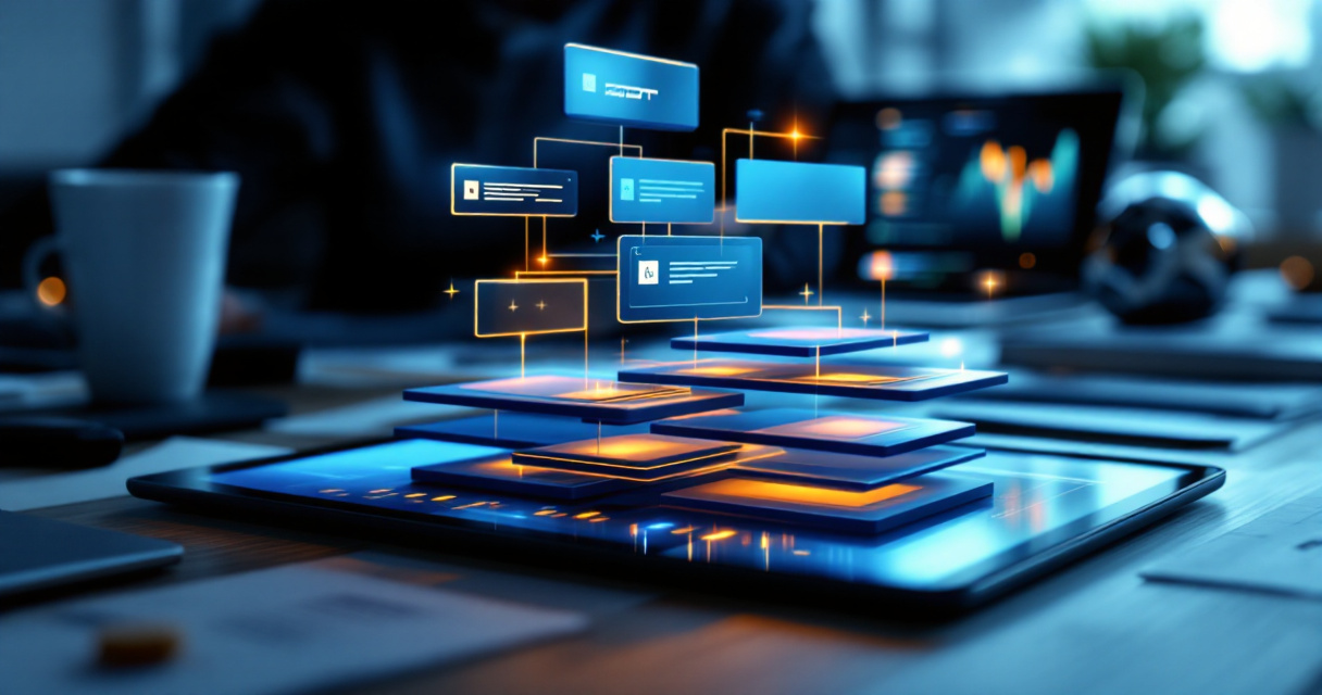 Structured content planning framework hovering above a workspace with glowing orange highlights