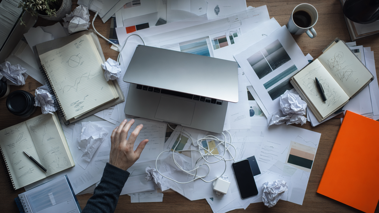 Chaotic desk showing disorganized research and a useless SEO content brief process