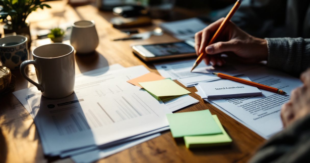 Founder sorting topic research materials on a desk before customer conversion data exists