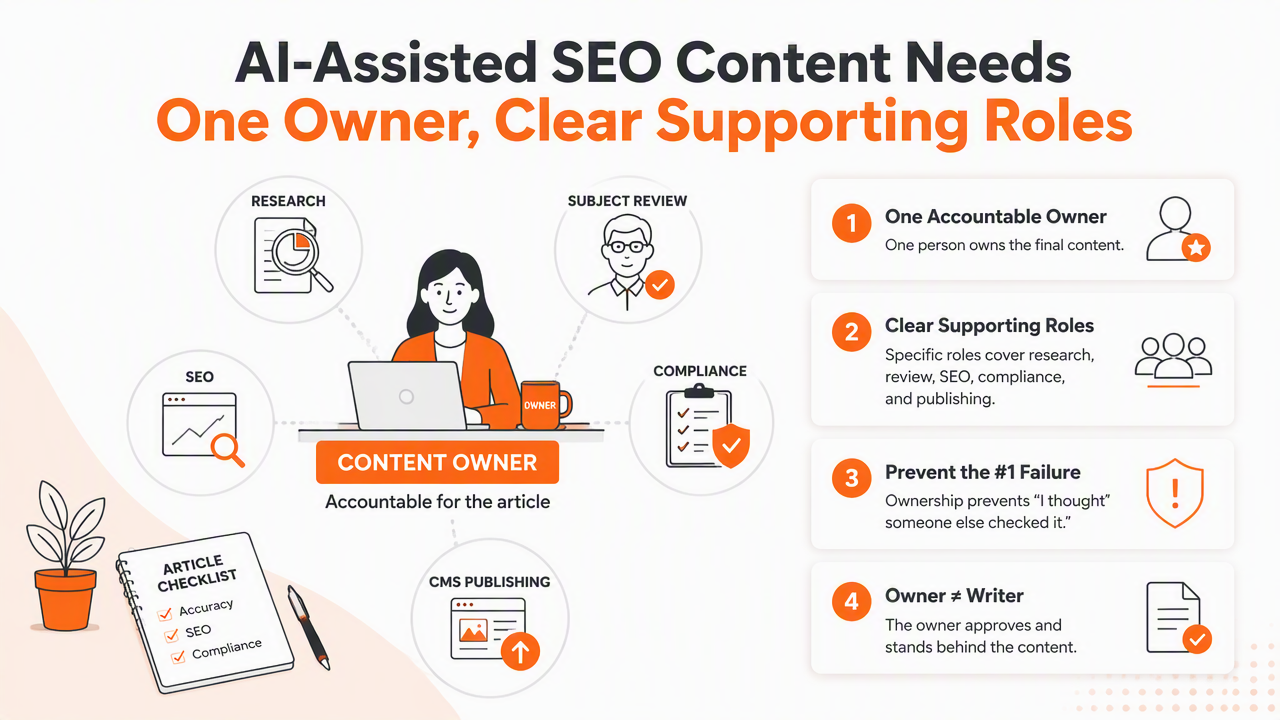 Illustration for Who owns AI-assisted SEO content before it goes live?