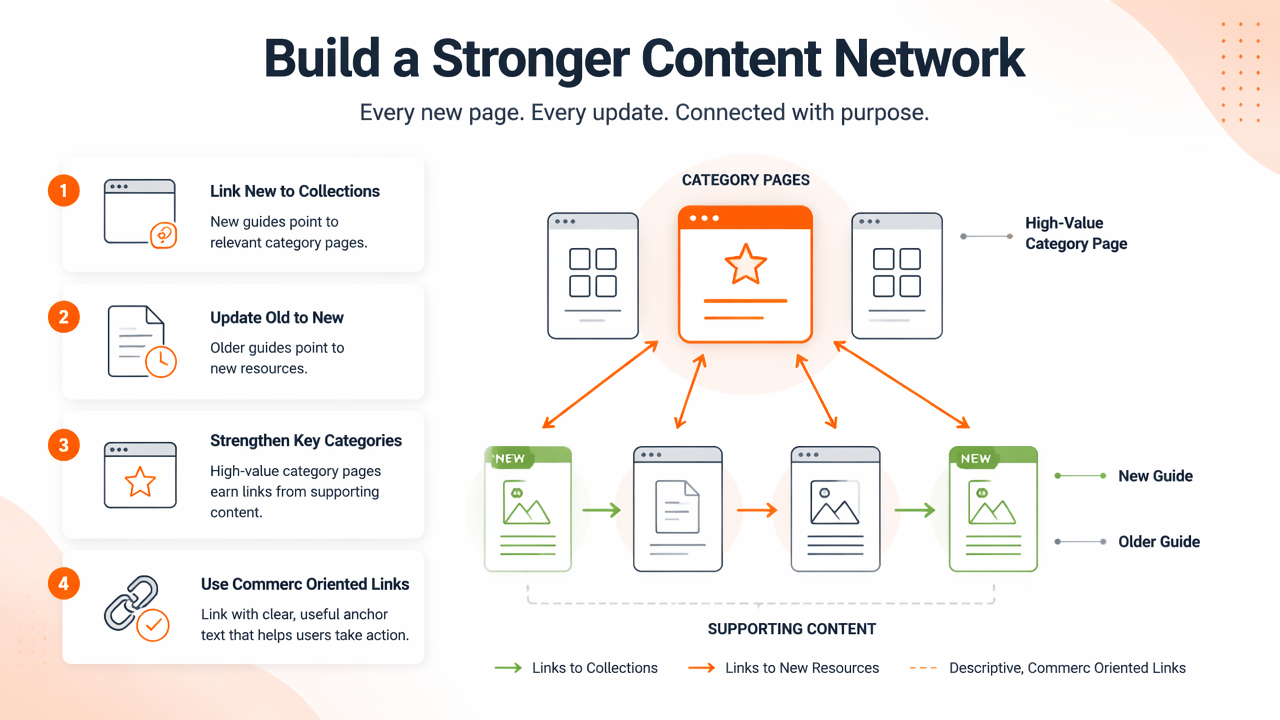 Illustration for How should teams build internal links and refresh content?