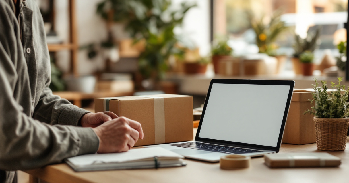 Small business owner reviewing online growth signals beside packed customer orders