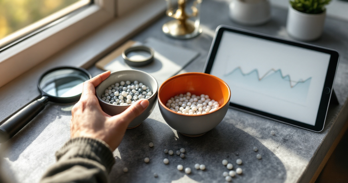 Small SEO test results measured with beads, a tablet chart, and orange bowl