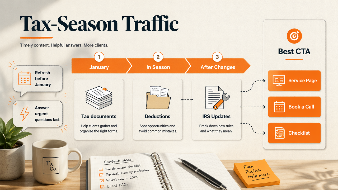 Tax-season content timeline guiding readers from articles to service pages