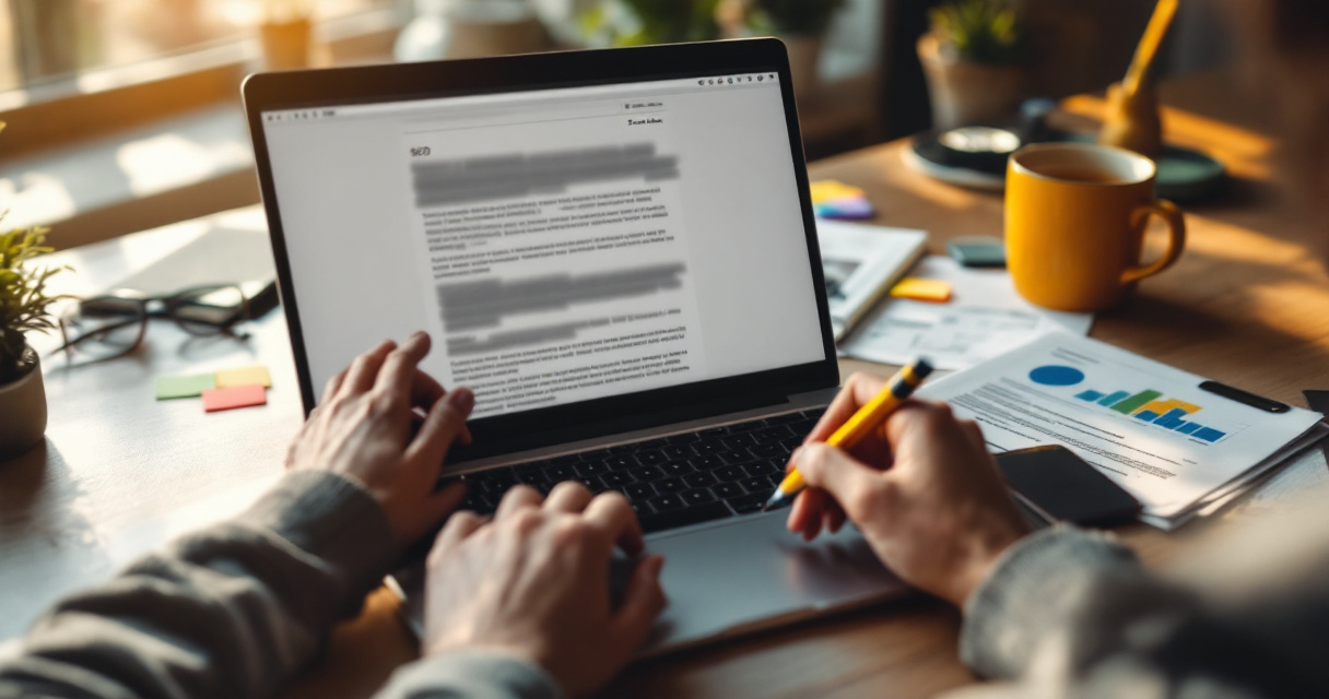Editor refining AI-assisted article with notes, analytics, and orange desk accents