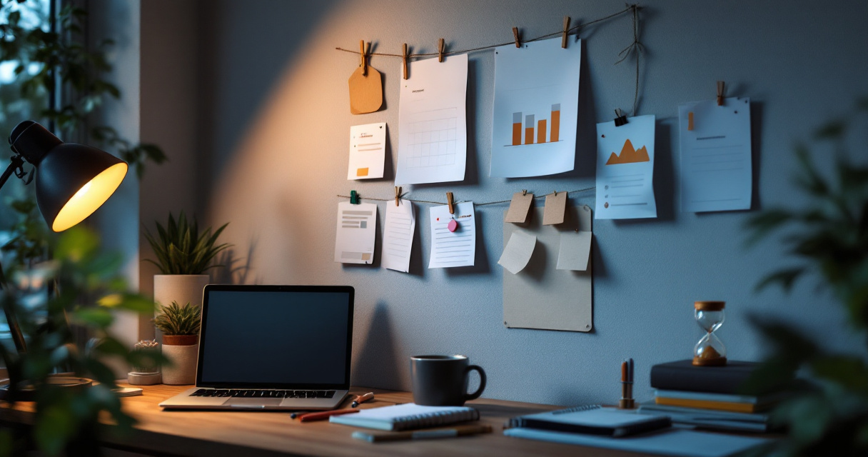Realistic SEO timeline planning workspace with gradual progress markers for a new website