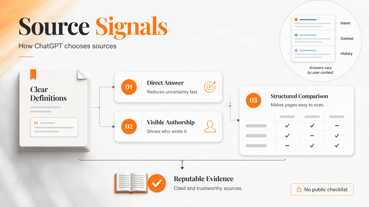 Infographic of source signals ChatGPT uses to mention and cite content.
