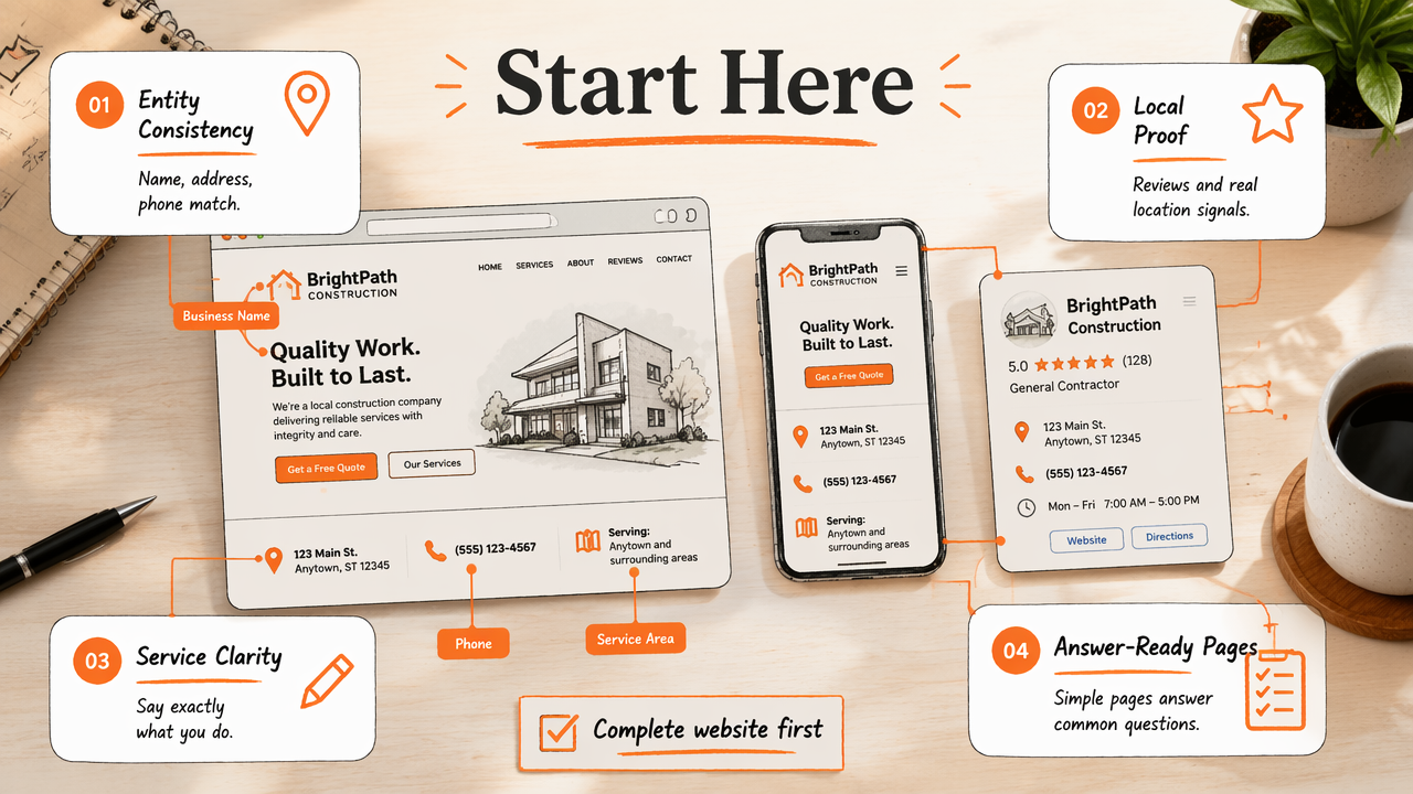 Annotated small business website diagram showing trust signals and local SEO priorities.