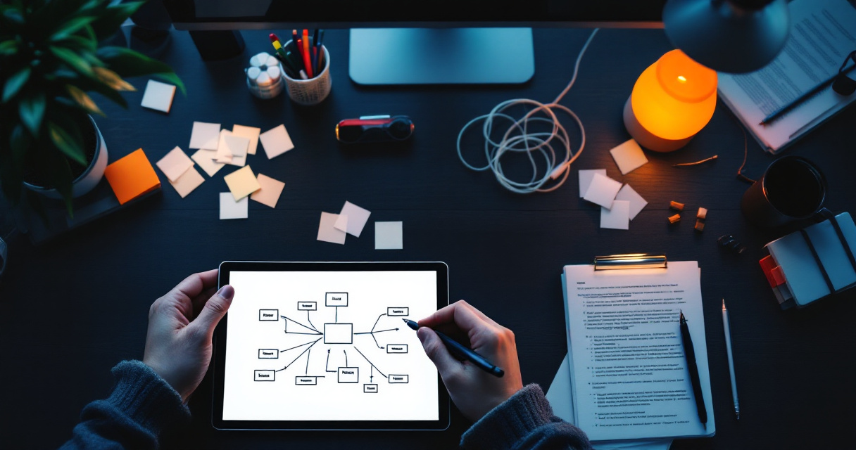 Technical SEO desk showing internal linking structure and cleanup of weak local landing pages