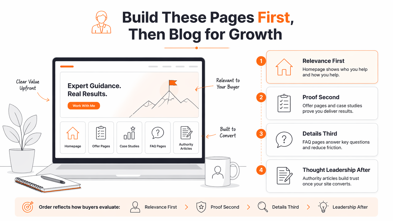 Illustration for Which pages should a consultant or coach build first?