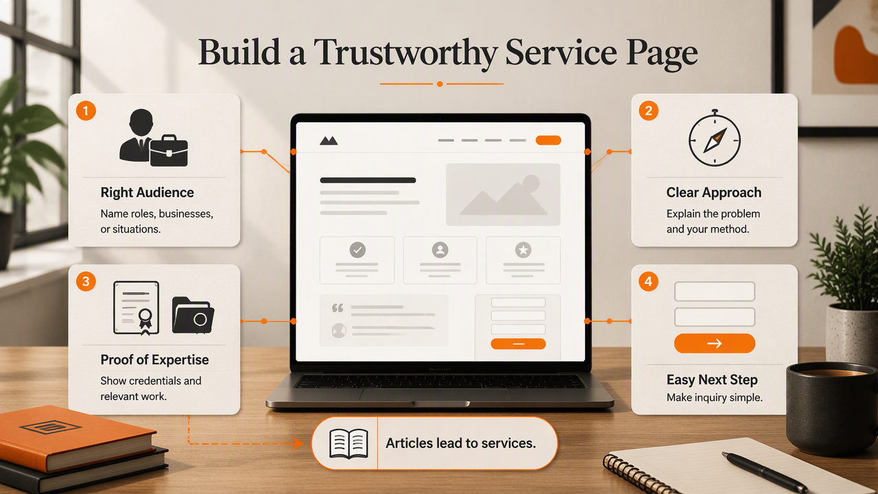 Coaching service page diagram showing audience, approach, expertise, and a clear inquiry path.
