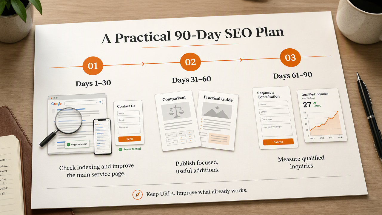 Ninety-day SEO timeline covering page improvements, focused publishing, and qualified inquiry measurement.