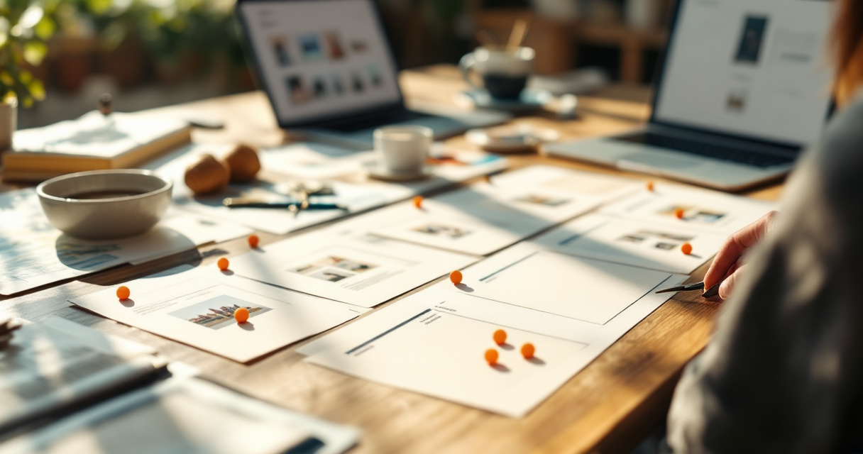 Founder prioritizing marketplace SEO page types with maps, product cards, and orange planning markers