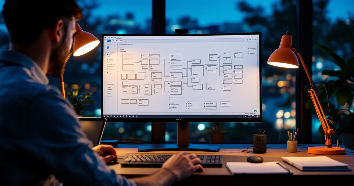 Technical SEO workspace showing marketplace site architecture, crawl paths, and orange accent lighting