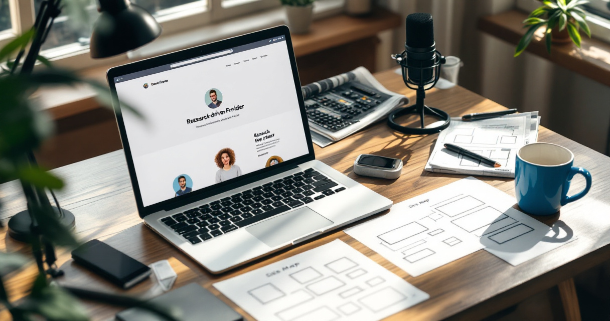 Founder desk planning personal website pages around bio, expertise, media, and credibility signals