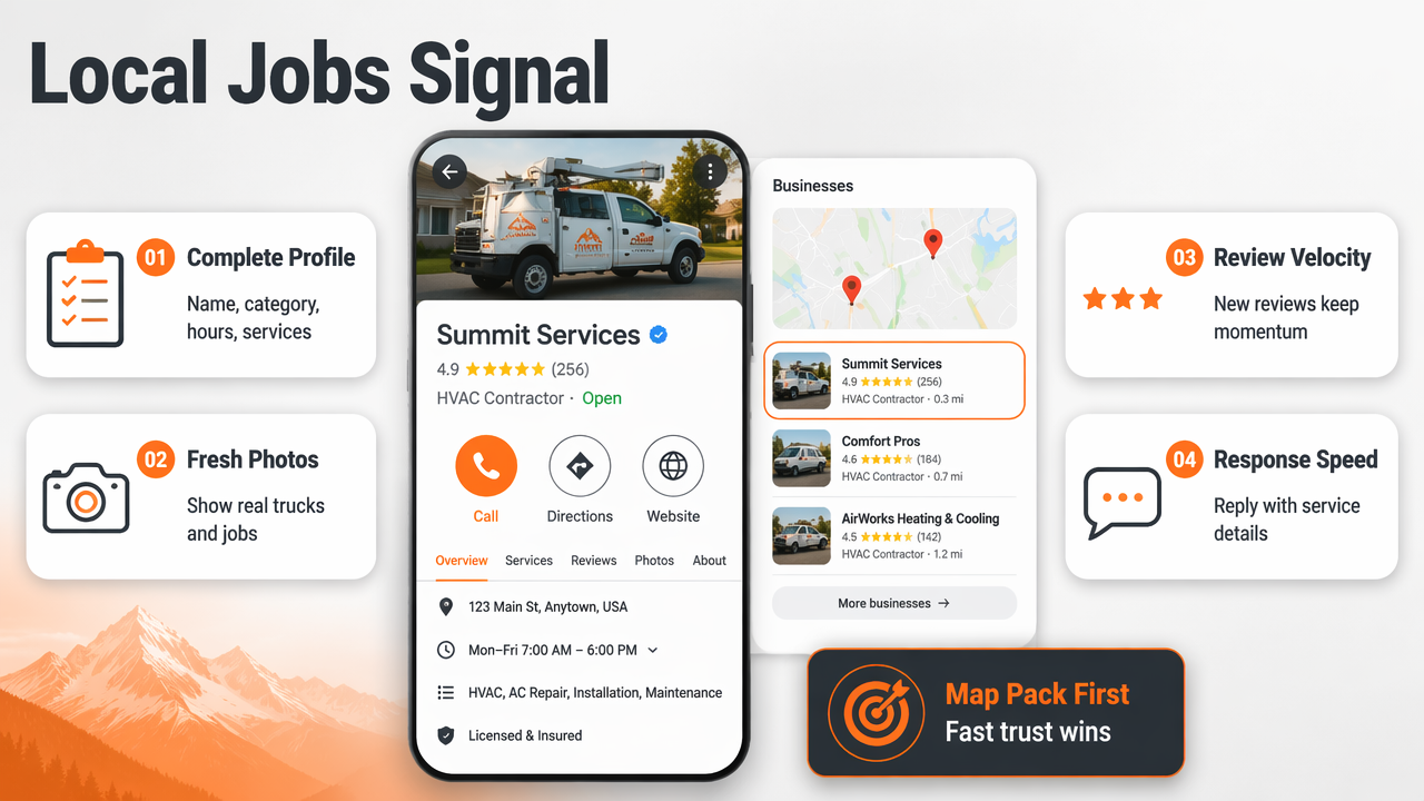 Infographic showing Google Business Profile, reviews, and map pack actions driving local home service jobs.