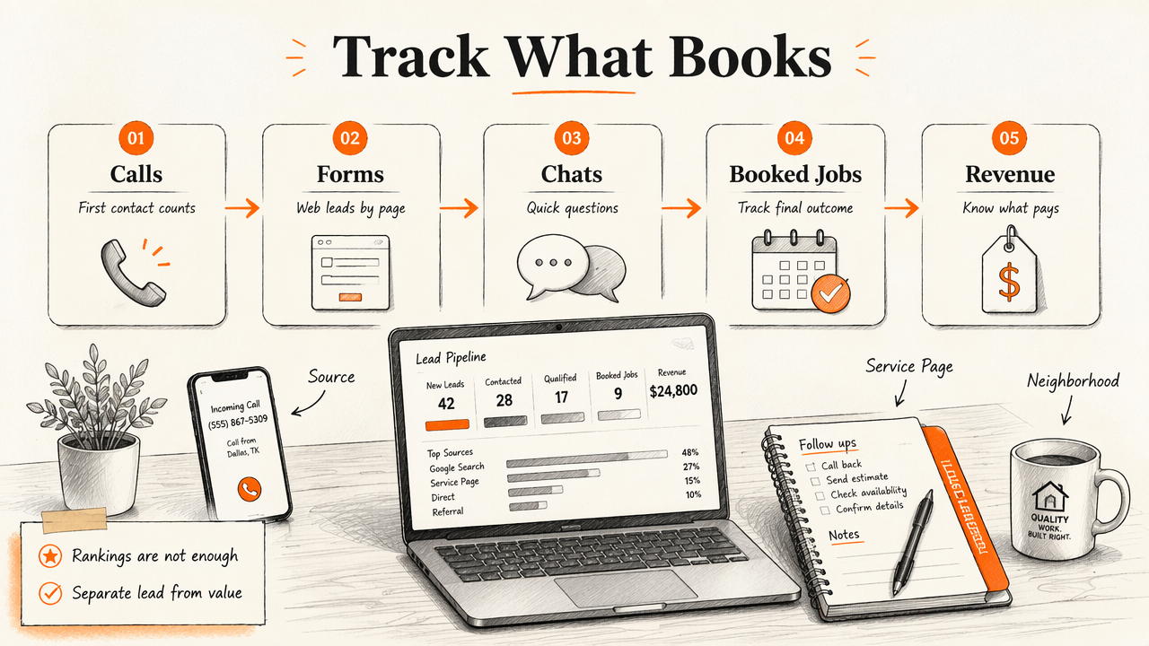 Annotated lead-tracking diagram for calls, forms, booked jobs, and revenue in home service SEO.