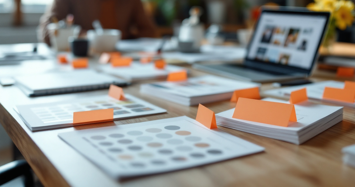 Marketplace page mockups grouped by buyer intent on a desk with orange dividers
