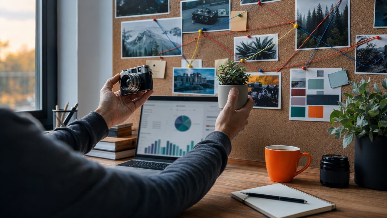 Overhead editorial workspace comparing tightly focused niche topics for a small blog SEO strategy