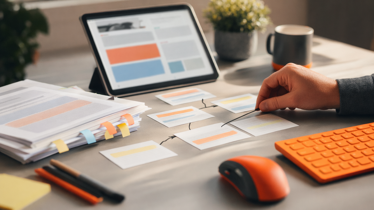Close-up editorial desk scene showing on-page SEO refinement and internal linking for niche blogs