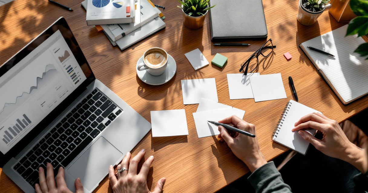Pre-launch ecommerce SEO keyword planning desk with product samples and orange planning accents