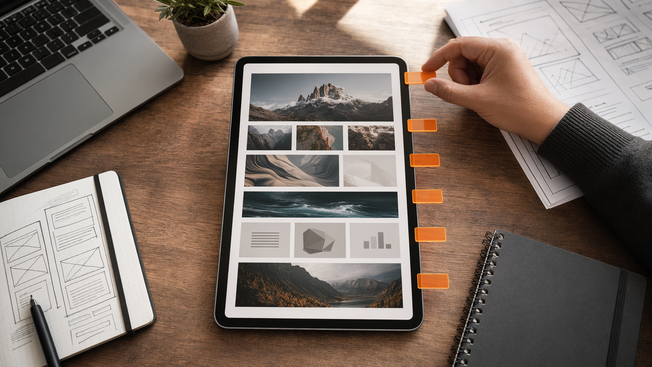 Overhead desk scene showing a one-page website divided into clear visual sections for SEO