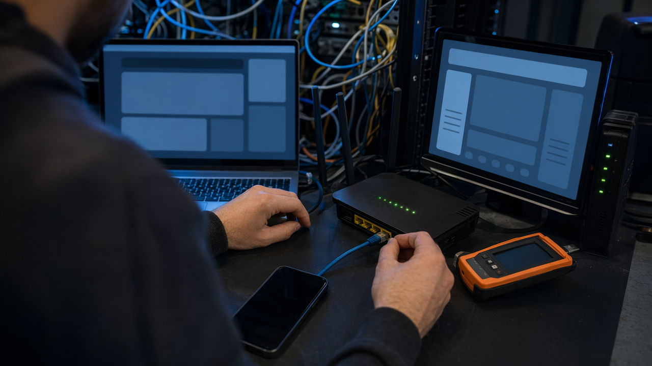 Developer checking devices and connections to diagnose technical SEO problems on a landing page