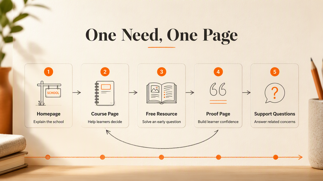 Infographic mapping course website pages to learner search needs, from discovery and free resources to enrollment.