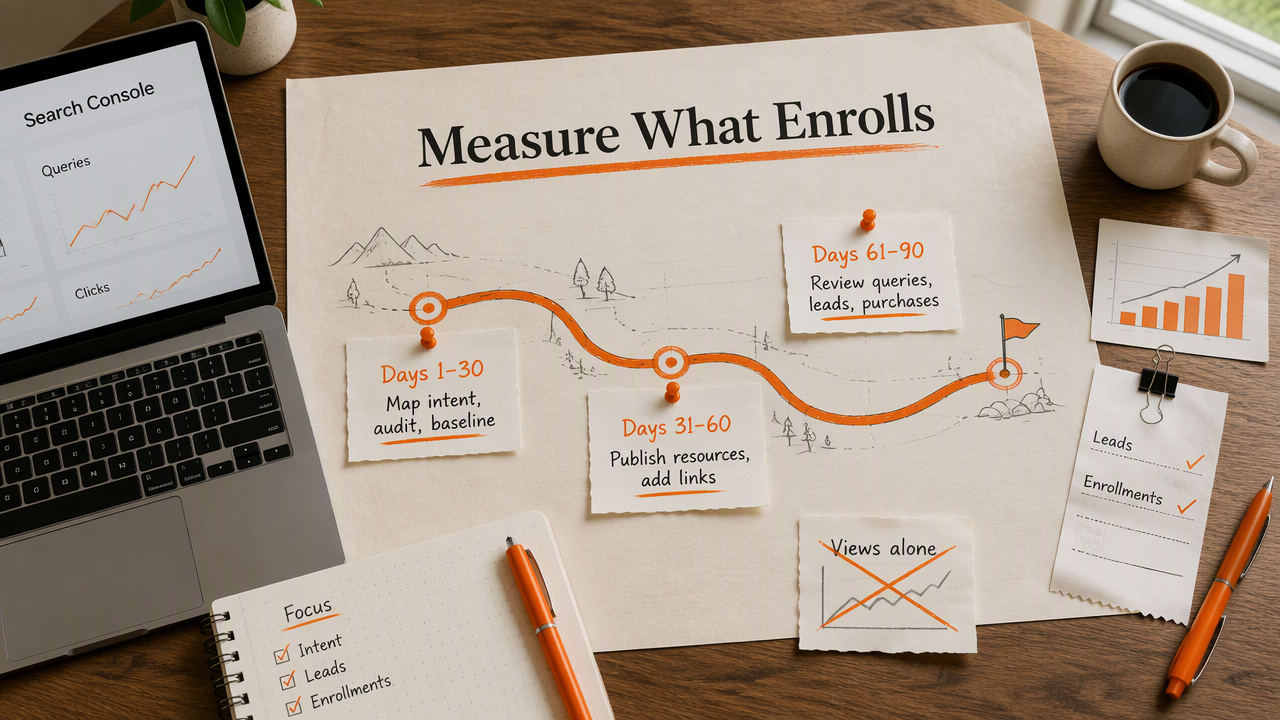 Overhead 90-day course SEO plan linking search queries and clicks to leads and completed enrollments.