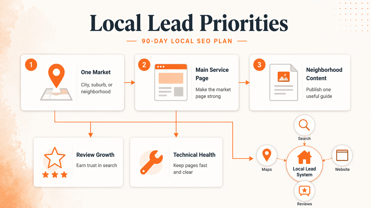 90-day real estate SEO roadmap with neighborhood pages, reviews, technical health, and local lead focus.